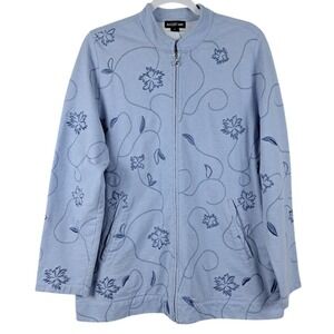 Vintage AUGUST MAX‎ S Zip Up Cotton Knit Jacket Light Blue Floral Embroidered